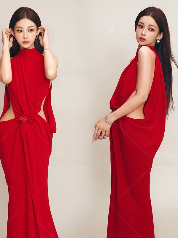Ethnic Fashion Photography - Rode portretfotografiejurk Eenvoudige stijl Chinees dameskostuum